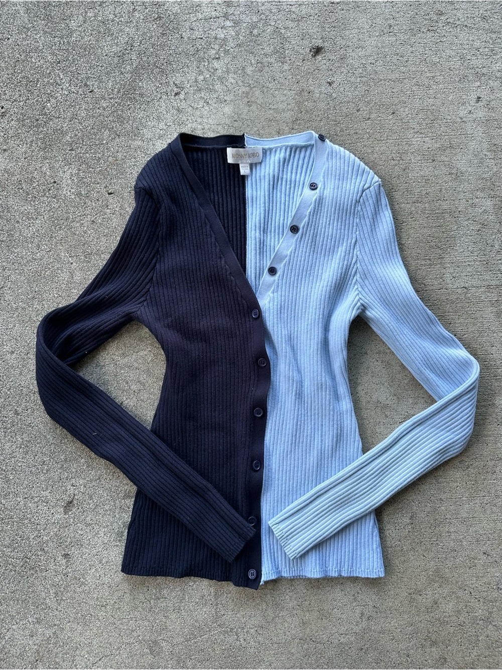 Ronny Kobo Collection Blue Two-Tone Ribbed Button Cardigan Sweater